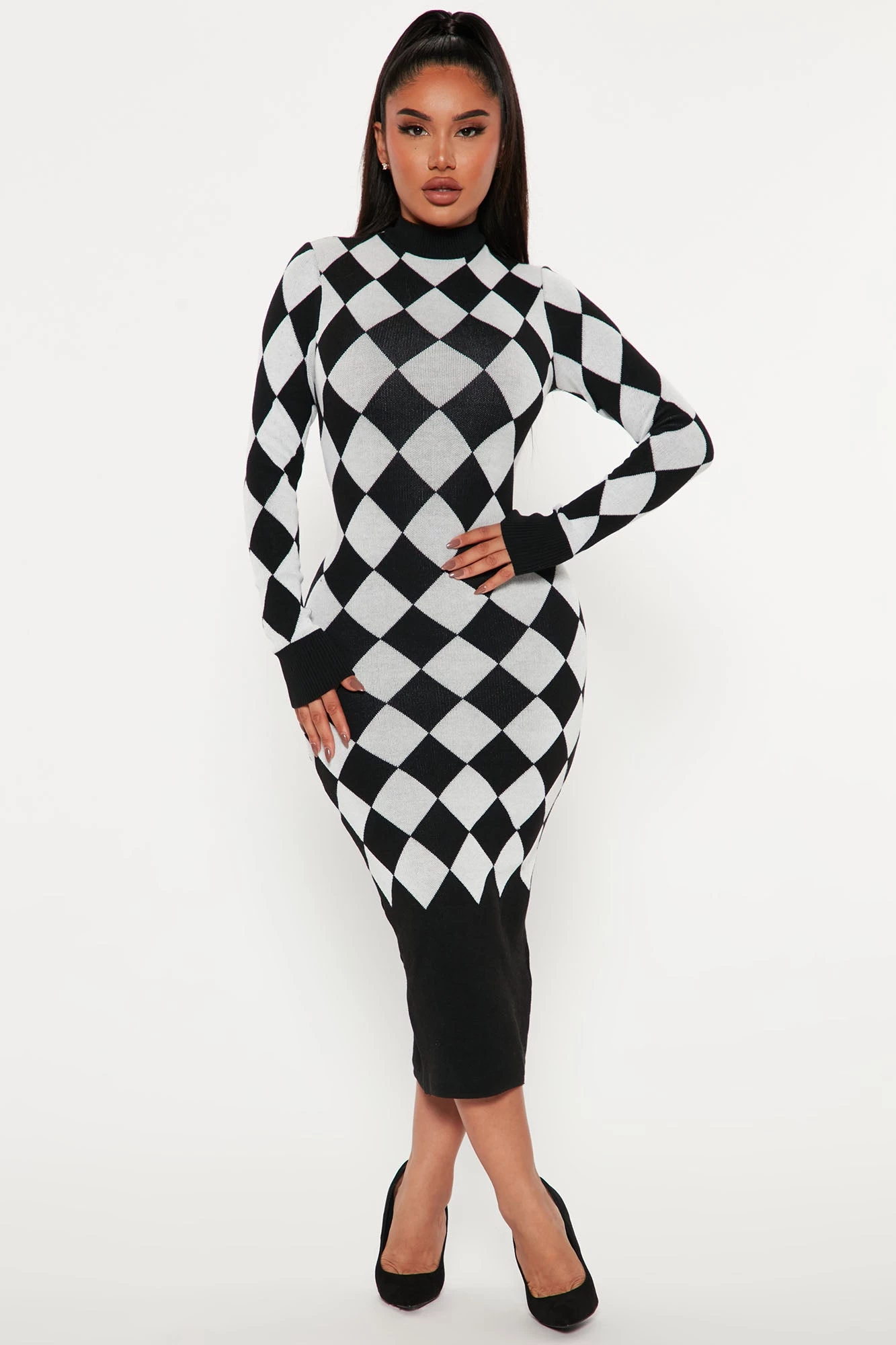 Fashion Nova Check On Me Sweater Dress - Black/White 3 Fashion Nova Check On Me Sweater Dress - Black/White