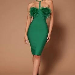 Fashion Nova Brianna Feather Mini Dress - Green