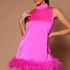 Fashion Nova Delia Doll Feather Trim Mini Dress - Pink