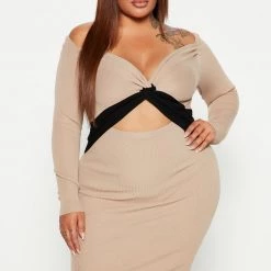 Fashion Nova Think of U Sweater Midi Dress - Taupe/combo -fashion nova dresses Shop 09 08 22Studio5 RD JM 13 49 37 35 SBD236LS Taupecombo 0078 WG PLUS