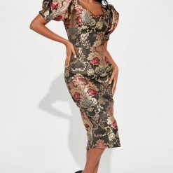 Fashion Nova Traced In Gold Midi Dress - Black/combo