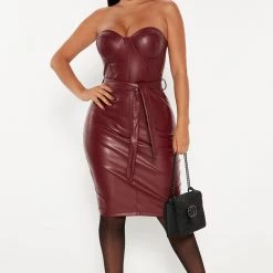 Fashion Nova Falling Faux Leather Midi Dress - Burgundy