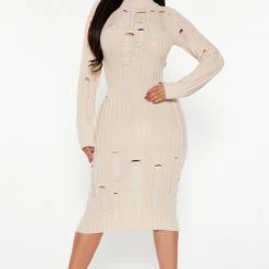 Fashion Nova Feelin' Edgy Distressed Sweater Dress - Cream