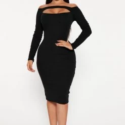 Fashion Nova Mariella Ribbed Midi Dress - Black