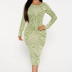 Fashion Nova Amina Sweater Midi Dress - Green/combo
