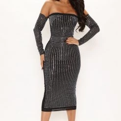 Fashion Nova Working On It Off Shoulder Midi Dress - Black