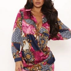 Fashion Nova Time Of Your Life Satin Printed Shirt Dress - Fuchsia/combo
