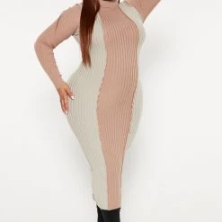 Fashion Nova Not The Type Sweater Midi Dress - Taupe/combo -fashion nova dresses Shop 09 15 22Studio4 DM IM 16 00 28 65 3460 TaupeCombo 16084 PLUS KS