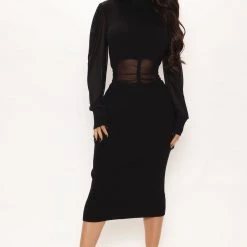 Fashion Nova Ruching To You Sweater Midi Dress - Black