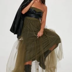 Fashion Nova Rocker Chic Tulle Maxi Dress - Olive/combo