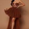 Fashion Nova Kate Embellished High Low Tulle Dress - Chocolate