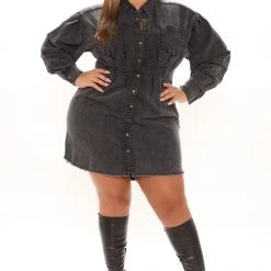 Fashion Nova Overcast Denim Mini Dress - Black -fashion nova dresses Shop 09 22 21Studio1 DM ON 14 11 52 57 HF21G113 Black 0674 PLUS WG