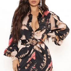 Fashion Nova Avita Satin Shirt Dress - Black/combo