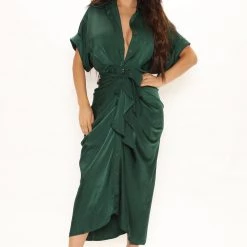 Fashion Nova Stuck In The City Satin Midi Dress - Hunter