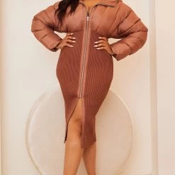 Fashion Nova Kim Puffer Midi Dress - Mocha -fashion nova dresses Shop 09 27 22FallLayers CE 10 12 21 LOOK 9 30142 JB MH PLUS