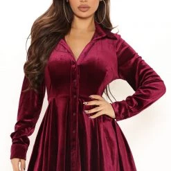 Fashion Nova Phoebe Velvet Shirt Dress - Wine