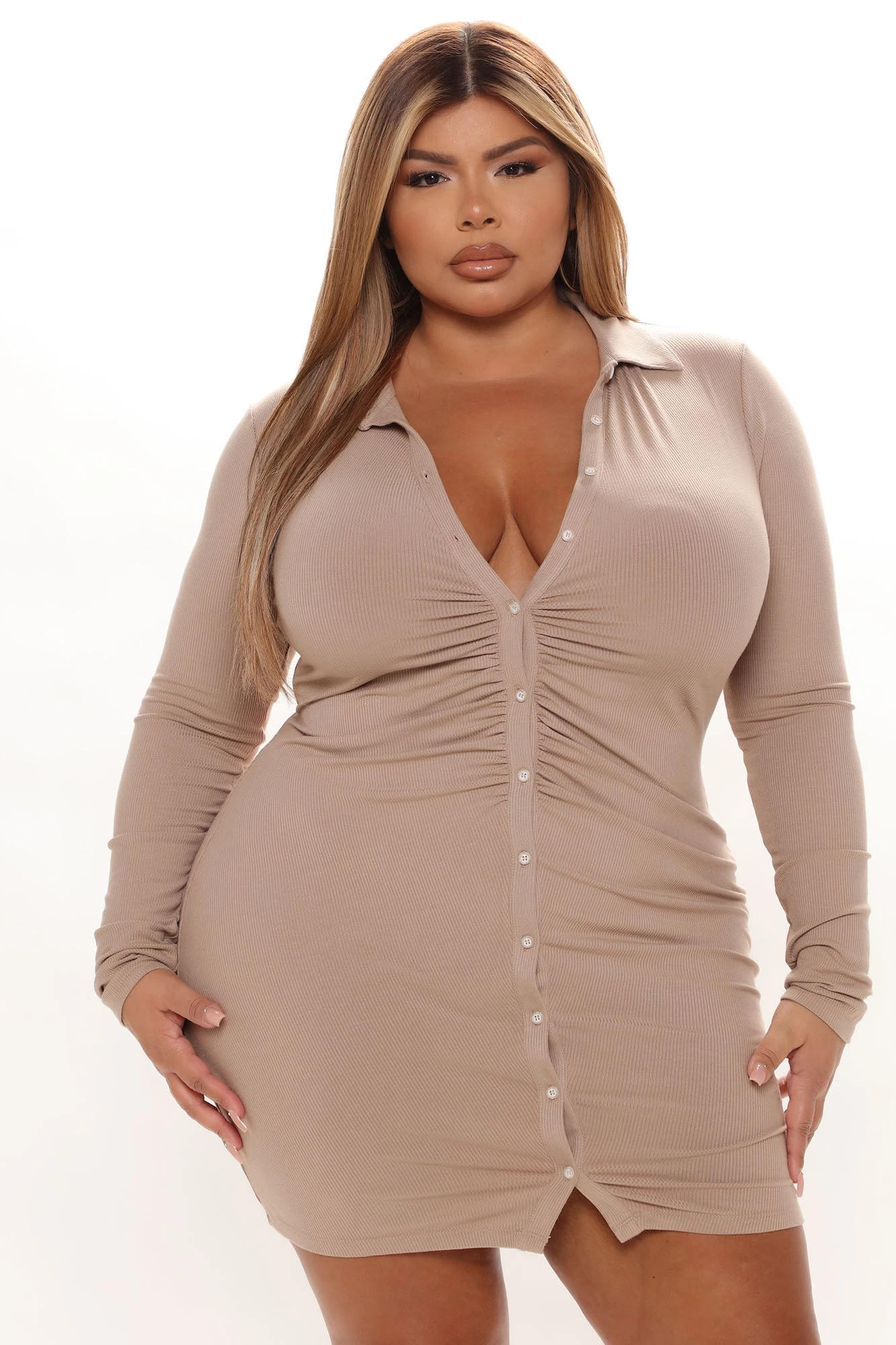 Fashion Nova Nicole Ribbed Shirt Dress - Taupe 8 Fashion Nova Nicole Ribbed Shirt Dress - Taupe - Image 6