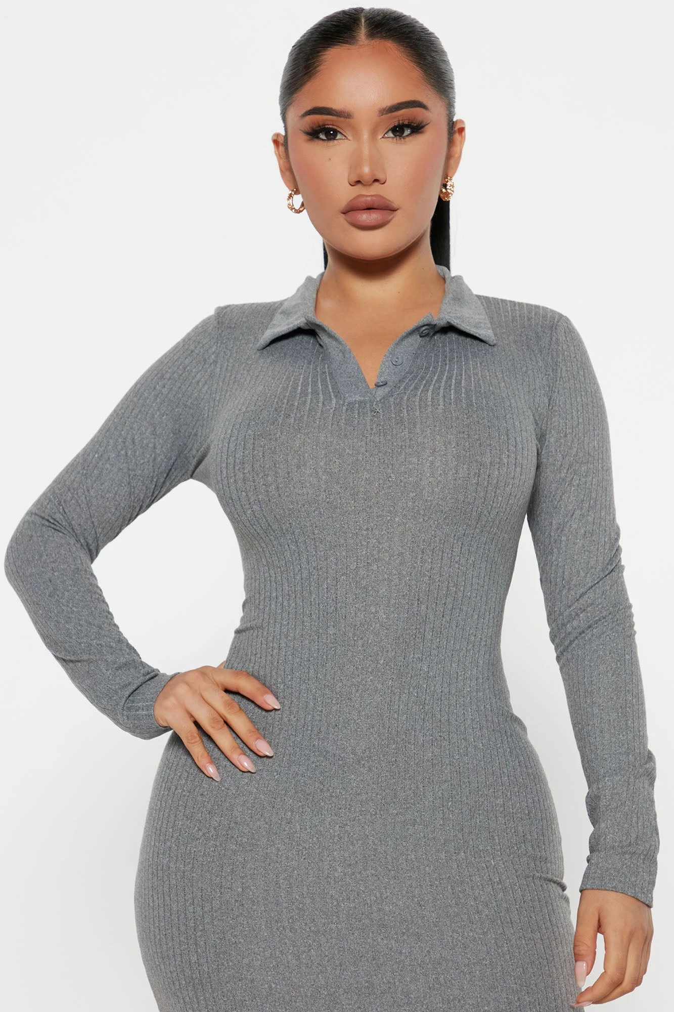 Fashion Nova Catrina Collared Midi Dress - Heather Grey 4 Fashion Nova Catrina Collared Midi Dress - Heather Grey - Image 2