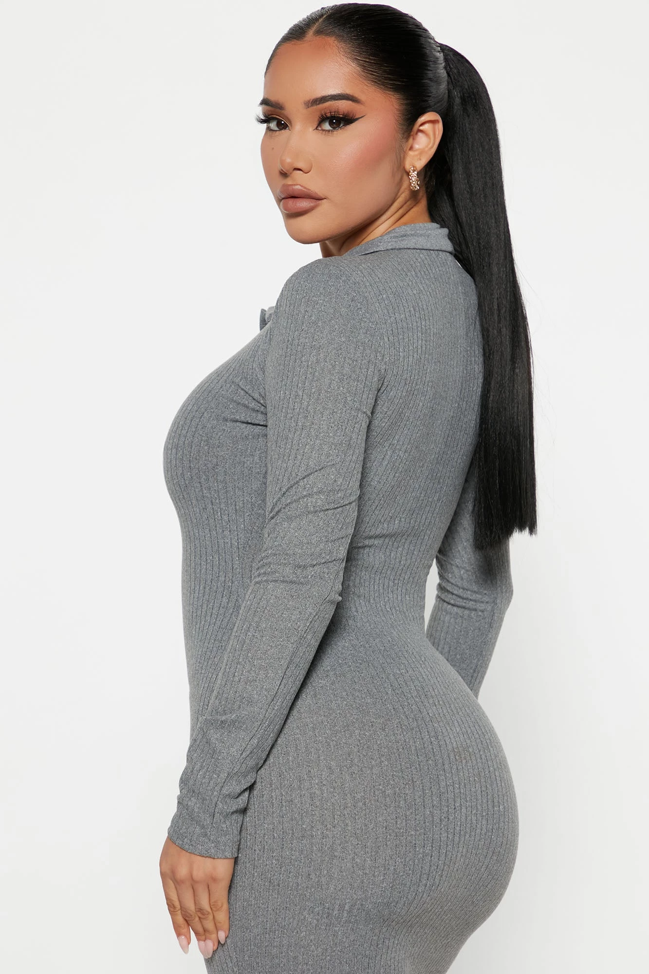 Fashion Nova Catrina Collared Midi Dress - Heather Grey 5 Fashion Nova Catrina Collared Midi Dress - Heather Grey - Image 3