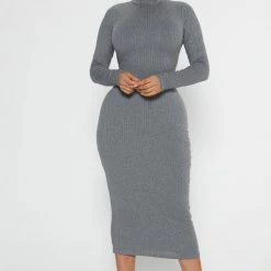Fashion Nova Amika Ribbed Midi Dress - Charcoal