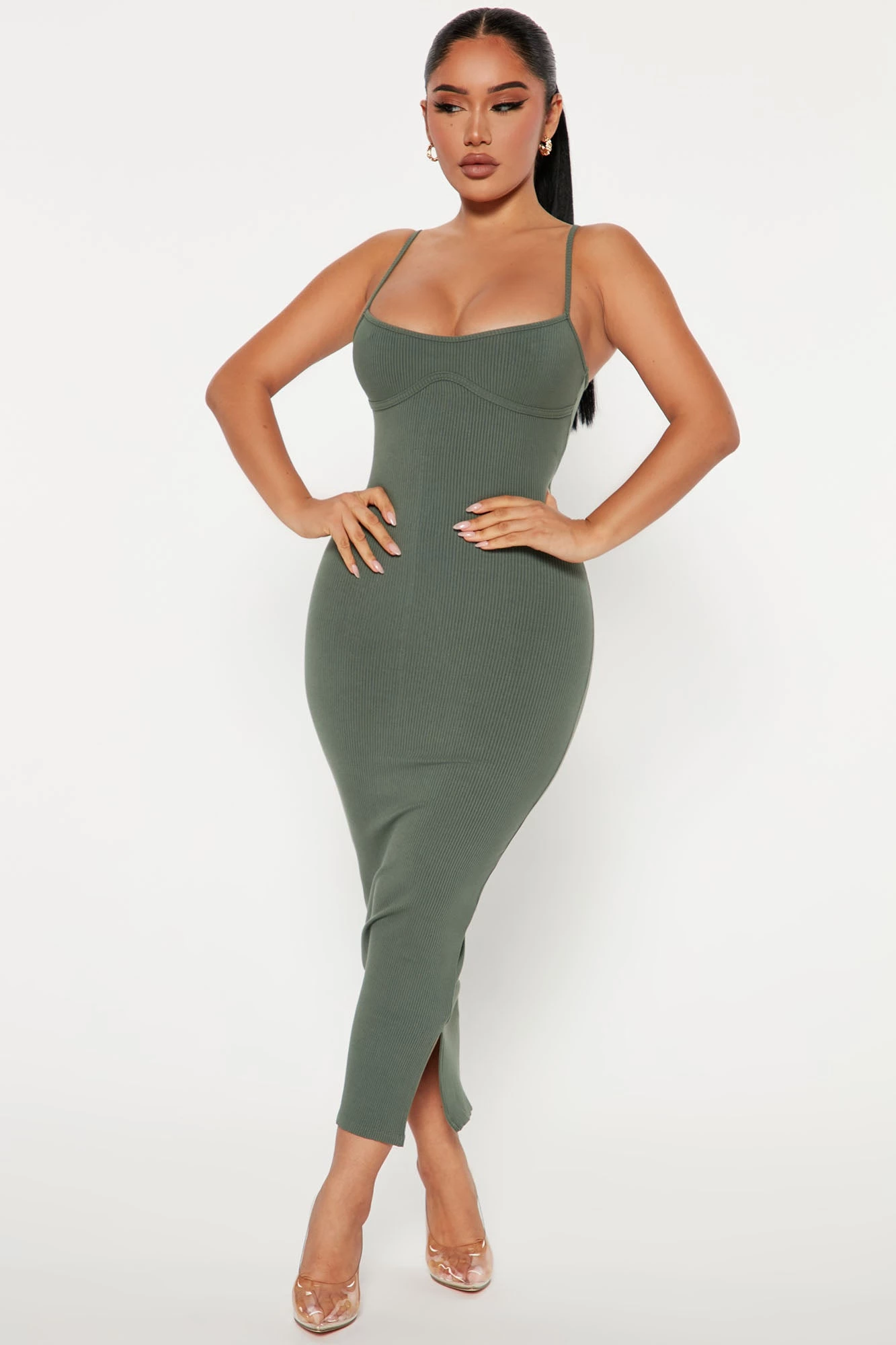 Fashion Nova Mercedes Snatched Midi Dress - Olive 2 3 Fashion Nova Mercedes Snatched Midi Dress - Olive 2