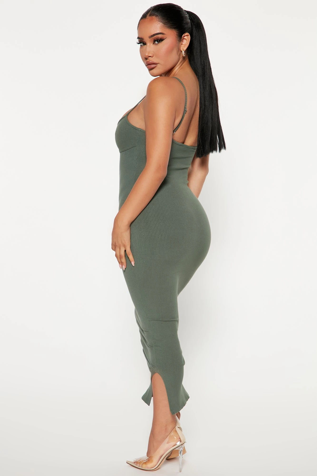 Fashion Nova Mercedes Snatched Midi Dress - Olive 2 5 Fashion Nova Mercedes Snatched Midi Dress - Olive 2 - Image 3