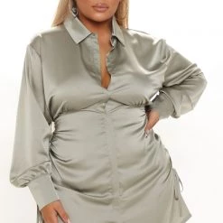 Fashion Nova Satin Sultry Shirt Dress - Olive -fashion nova dresses Shop 09 29 21Studio3 ME RL 11 10 35 32 HF21F106 Olive 0055 PLUS EH