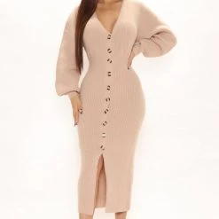 Fashion Nova Serenity Sweater Midi Dress - Taupe