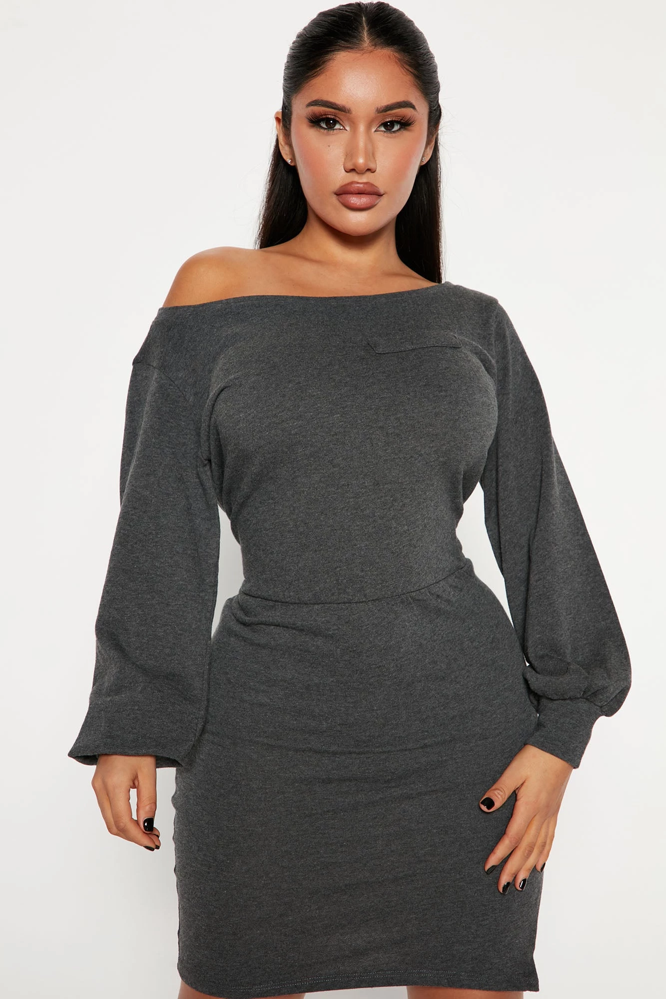 Fashion Nova Kelley Off Shoulder Mini Dress - Charcoal 4 Fashion Nova Kelley Off Shoulder Mini Dress - Charcoal - Image 2