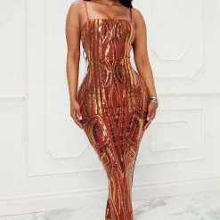 Fashion Nova Raise A Glass Sequin Maxi Dress - Rust/combo