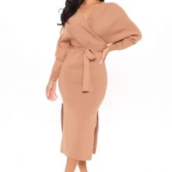 Fashion Nova Wrapped All Around Me Midi Sweater Dress - Taupe
