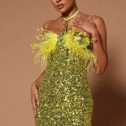 Fashion Nova Rylie Sequin Feather Halter Mini Dress - Chartreuse
