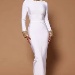 Fashion Nova Cleo Embellished Maxi Dress - White/Gold