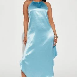 Fashion Nova Porchia Satin Midi Dress - Blue
