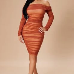 Fashion Nova Ready In A Ruched Off Shoulder Midi Dress - Rust/Nude