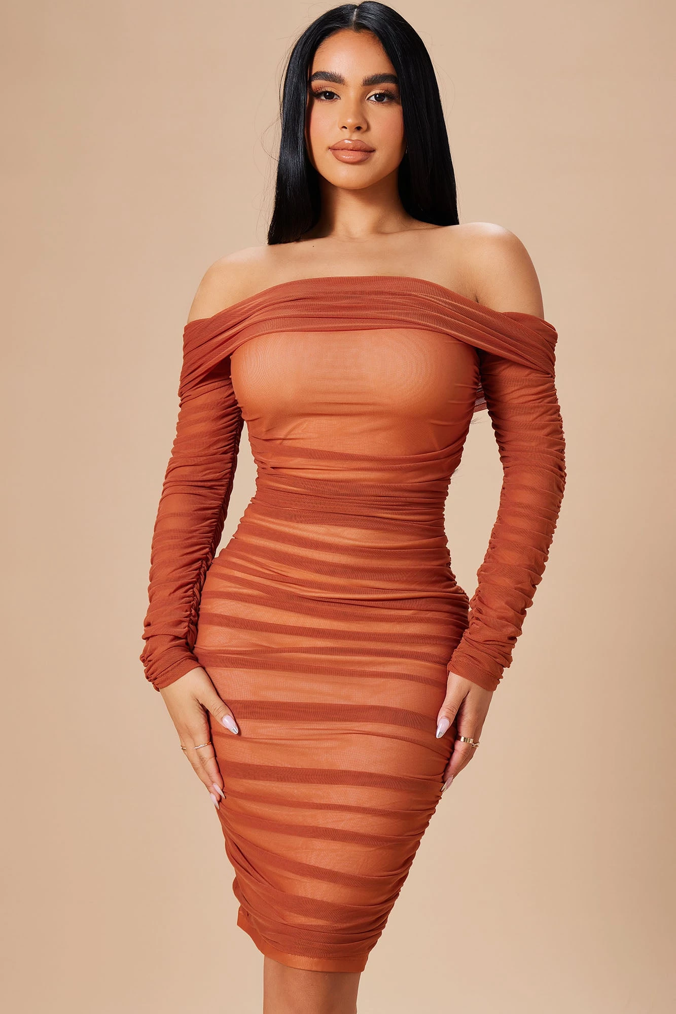 Fashion Nova Ready In A Ruched Off Shoulder Midi Dress - Rust/Nude 4 Fashion Nova Ready In A Ruched Off Shoulder Midi Dress - Rust/Nude - Image 2