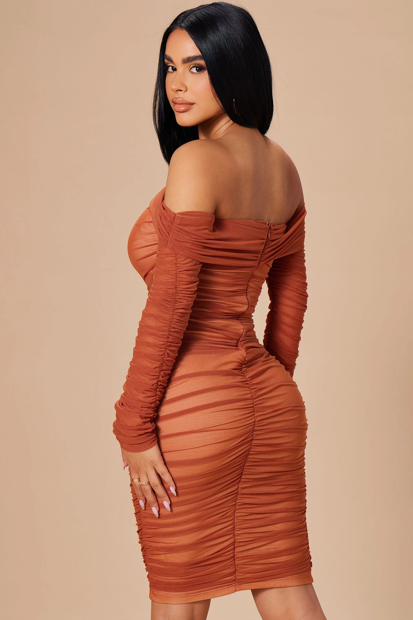 Fashion Nova Ready In A Ruched Off Shoulder Midi Dress - Rust/Nude 5 Fashion Nova Ready In A Ruched Off Shoulder Midi Dress - Rust/Nude - Image 3