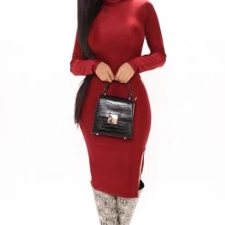 Fashion Nova Slit Down Honey Turtleneck Midi Dress - Burgundy