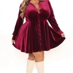 Fashion Nova Phoebe Velvet Shirt Dress - Wine -fashion nova dresses Shop 10 25 21Studio1 SN RL 14 12 39 39 D678VFN Wine 5387 PLUS EH