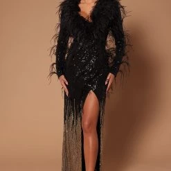 Fashion Nova Talia Sequin Feather Maxi Dress - Black
