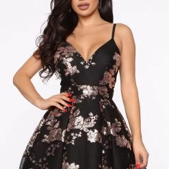 Fashion Nova Farrah Fit And Flare Mini Dress - Black/Rose Gold