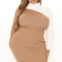 Fashion Nova Fall Fixation Sweater Midi Dress - Camel/combo -fashion nova dresses Shop 11 08 21Studio2 EF KP 11 26 51 17 RDAD5360FN CamelCombo 7257 PLUS EH
