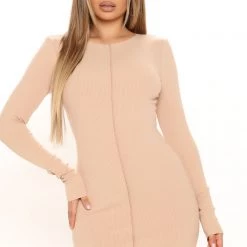 Fashion Nova Afternoon Chill Ribbed Mini Dress - Nude