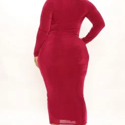 Fashion Nova Silky Smooth Long Sleeve Slinky Dress - Burgundy -fashion nova dresses Shop 11 15 21Studio3 ME KP 11 28 04 20 FD40156 Burgundy 2345 PLUS KL
