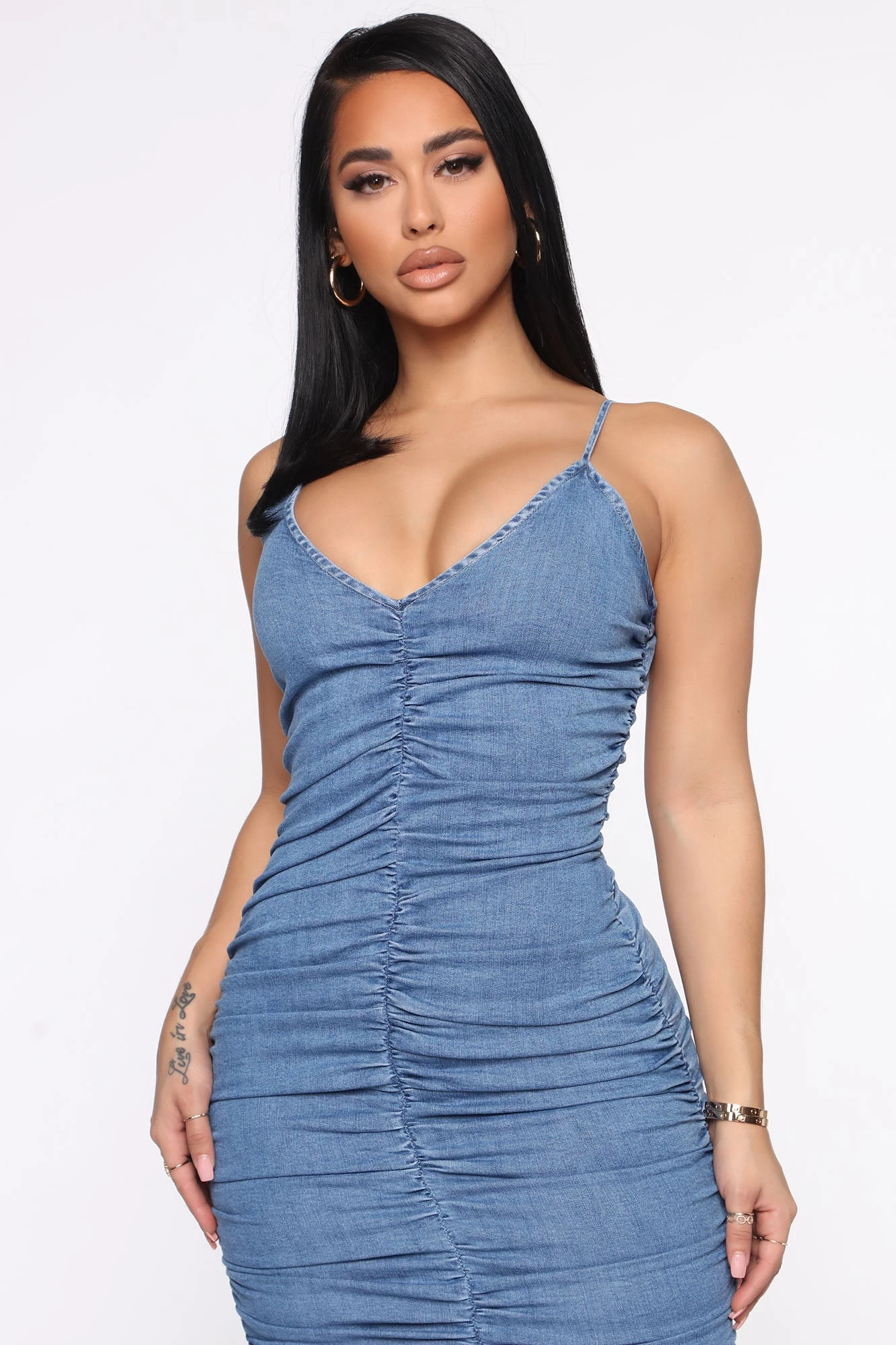 Fashion Nova Just A Ruched Denim Mini Dress - Medium Wash - Image 3