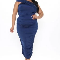 Fashion Nova Tessa Ruched Midi Dress - Navy -fashion nova dresses Shop 12 22 20Studio3 SN JH 14 29 38 52 LBD22710 Navy PLUS 0834 JK