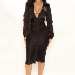 Fashion Nova Unpredictable Satin Shirt Dress - Black