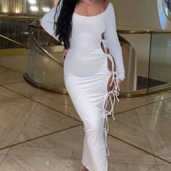 Fashion Nova All Tied Long Sleeve Maxi Dress - Cream