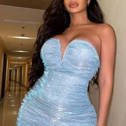 Fashion Nova Baddie Metallic Mini Dress - Light Blue