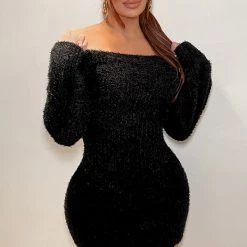 Fashion Nova Bella Off Shoulder Sweater Dress - Black